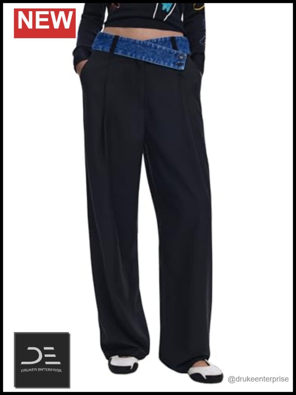Desigual Women's Mid Rise Straight Leg Pleated Trousers, 27 Waist, Polyester